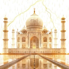 Fototapeta premium 3D OMG! this is an amazing picture of the Taj Mahal, There was a desert whirlwind with lightning coming down around the Golden Rainstorm. style of