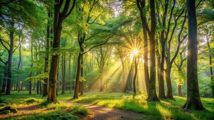 Fototapeta premium Tranquil scene of a serene forest with dappled sunlight filtering through the trees, nature, peaceful, beauty, trees
