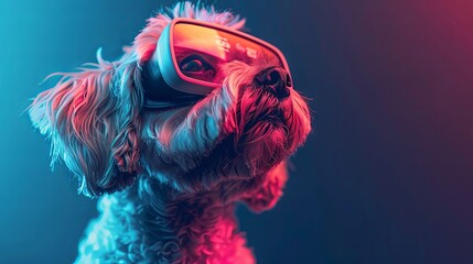 Futuristic illustration of petfluencer character Maltese Poodle dog in VR goggles illuminated with pink light against neon blue background