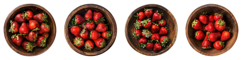 Strawberries in a wooden bowl isolated, top view, PNG set