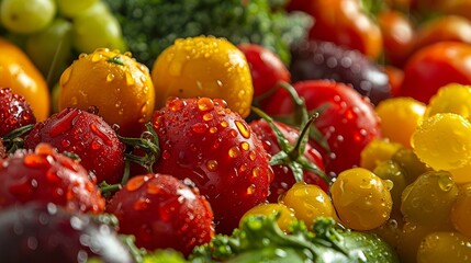 Close Up of Fresh Tomatoes, Grape Tomatoes, and Green Grapes with Water Droplets