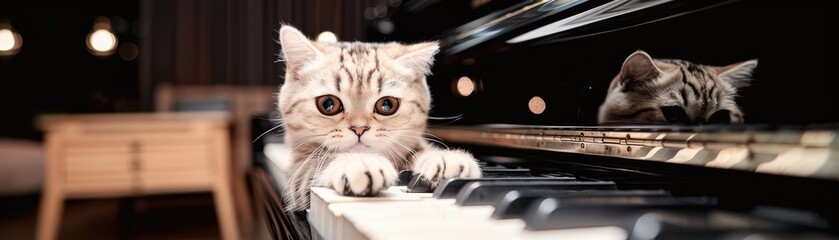 A cute cat is sitting on the piano and looking at the camera