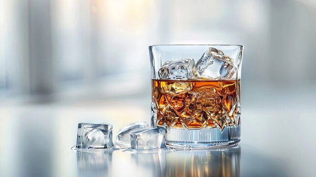 Glass of whiskey with ice, bright and clean background