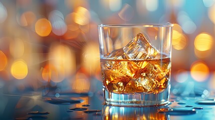 Glass of whiskey with ice, bright and clean background