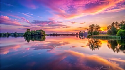 Tranquil lake scene at sunset with pink and lavender sky and water reflection, serene, lake, sunset, sky, water, pink