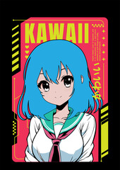 Anime girl poster in manga style. Tokyo Japan anime girl with concept of virtual reality,retro,futurism,futuristic,cyberpunk. Japanese y2k vector illustration. Kanji translation is Kawaii or Cute 