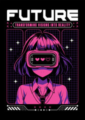 Anime girl poster in manga style. Tokyo Japan anime girl with concept of virtual reality,retro,futurism,futuristic,cyberpunk. Japanese y2k vector illustration. Kanji translation is Kawaii or Cute 