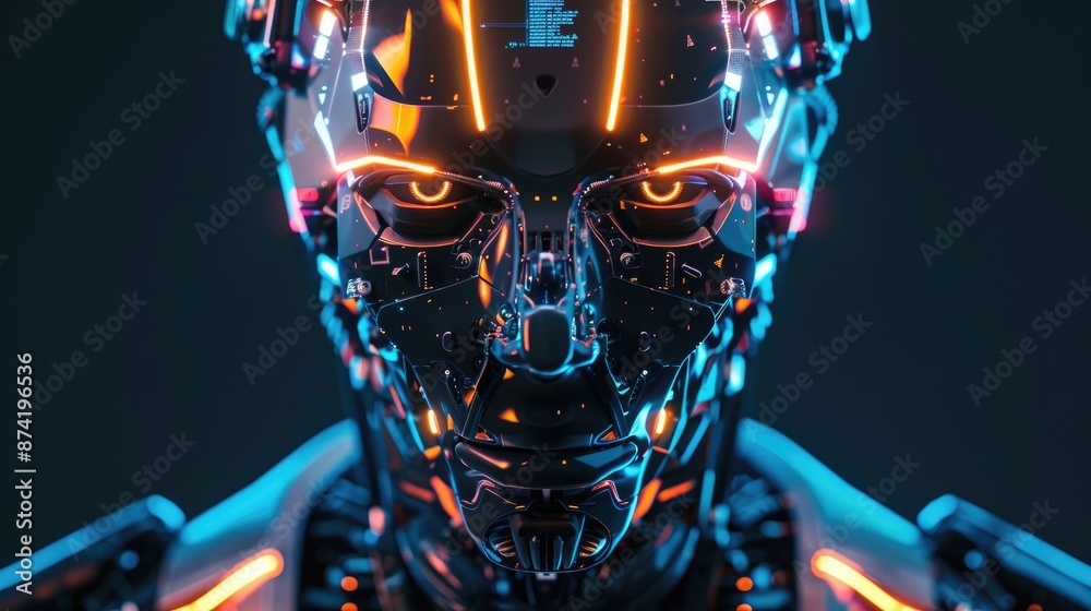 Poster close-up portrait of an intimidating futuristic robot with sharp, angular designs and a glowing digi