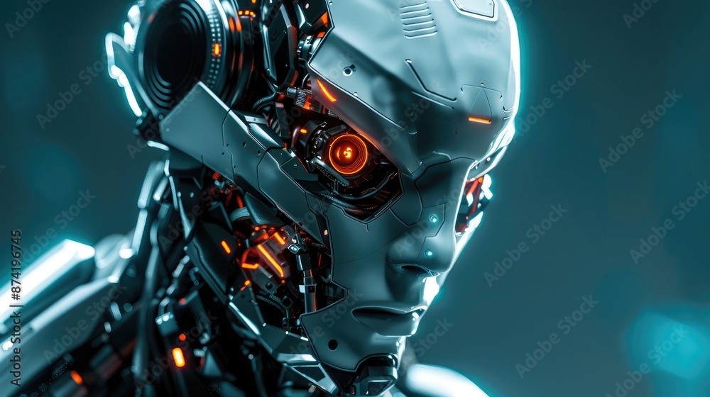 Poster close-up portrait of an intimidating futuristic robot with sharp, angular designs and a glowing digi