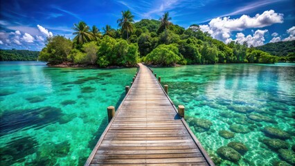 Wooden pier stretching out into crystal clear turquoise waters surrounded by lush tropical greenery , tropical, paradise, pier