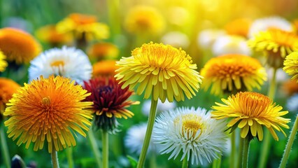 Naklejka premium Vibrant and detailed of dandelion flowers at different stages of bloom , artistic, colorful, dandelion, flowers