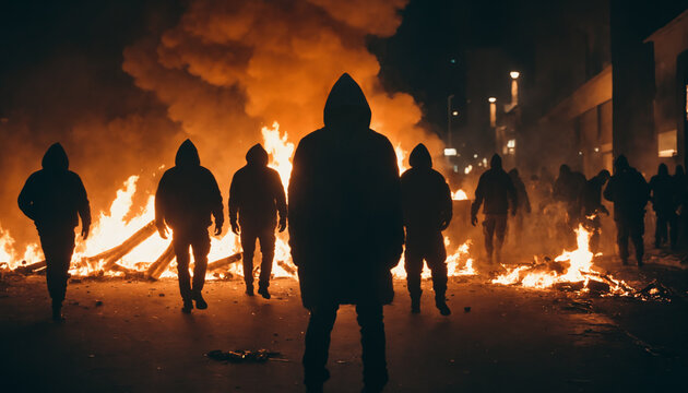 A violent riot or street fight by criminal gangs or extremists, masked faces in black clothes and hoodies, fire and flames in the burning city, looting and demonstrations