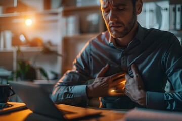 Fototapeta premium Man Experiencing Chest Pain While Working Late at the Office
