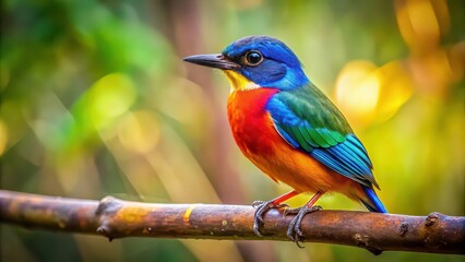 Obraz premium Vibrant close-up photo of a colorful bird perched on a branch in the forest , Wildlife, Feathers, Avian, Nature, Feathered, Plumage