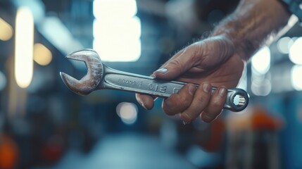 A man is holding a wrench in his hand