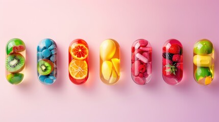 Fototapeta premium Tropical Fruit Flavored Mini Medicine Capsules on Gradient Background for Pharmaceutical Promotion
