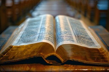 Obraz premium Open Bible in a Church Pew with Soft Focus Background