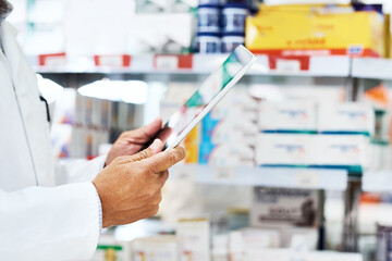 Hands, tablet and inventory for stock, medicine and checking in drugstore, chemist or service....