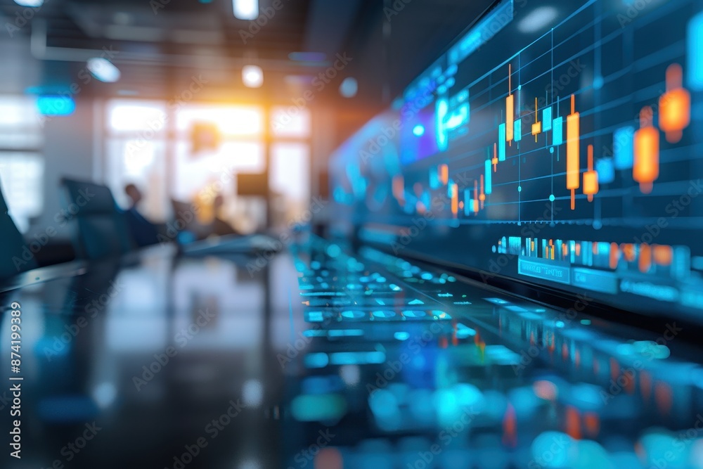 Poster financial stock market chart display on a digital screen in a modern office setting, showcasing mark