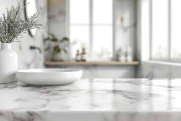 White bathroom interior. Empty marble table top for product display