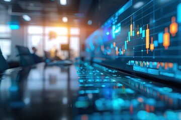 Financial stock market chart display on a digital screen in a modern office setting, showcasing market data and futuristic technology.