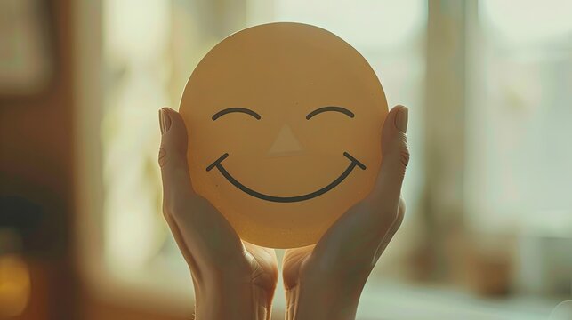 Hand holding face, positive thinking, hand holding paper cut smile face, mental helth