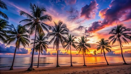 Tropical ocean beach with coconut palm trees silhouettes at dusk after colorful sunset, beach, tropical