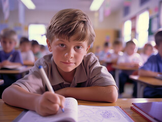 smiling little kid doodling with a pen and paper, drawing and writing on a white page in a school, colourful, coloring a page
