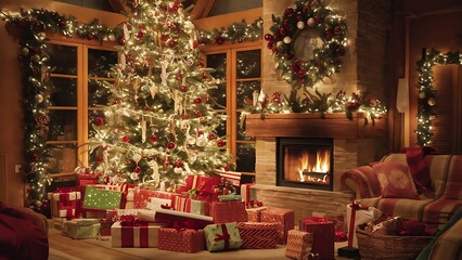 Interior living room with a Christmas tree and gifts