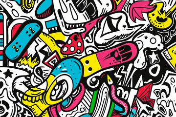 Skateboard Doodles.   Generated image.  A digital illustration of a collection of skateboard items in a doodle art style.