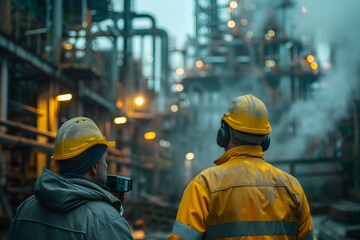 Industrial Workers Overseeing Operations in a Busy Refinery