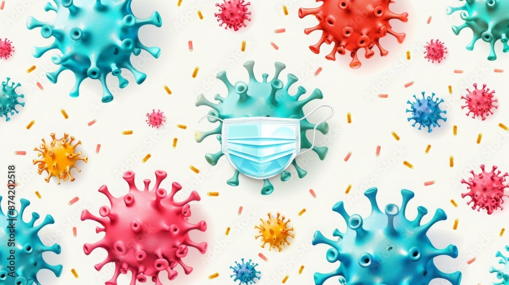 Poster a white background is scattered with various colored virus models and a blue face mask.
