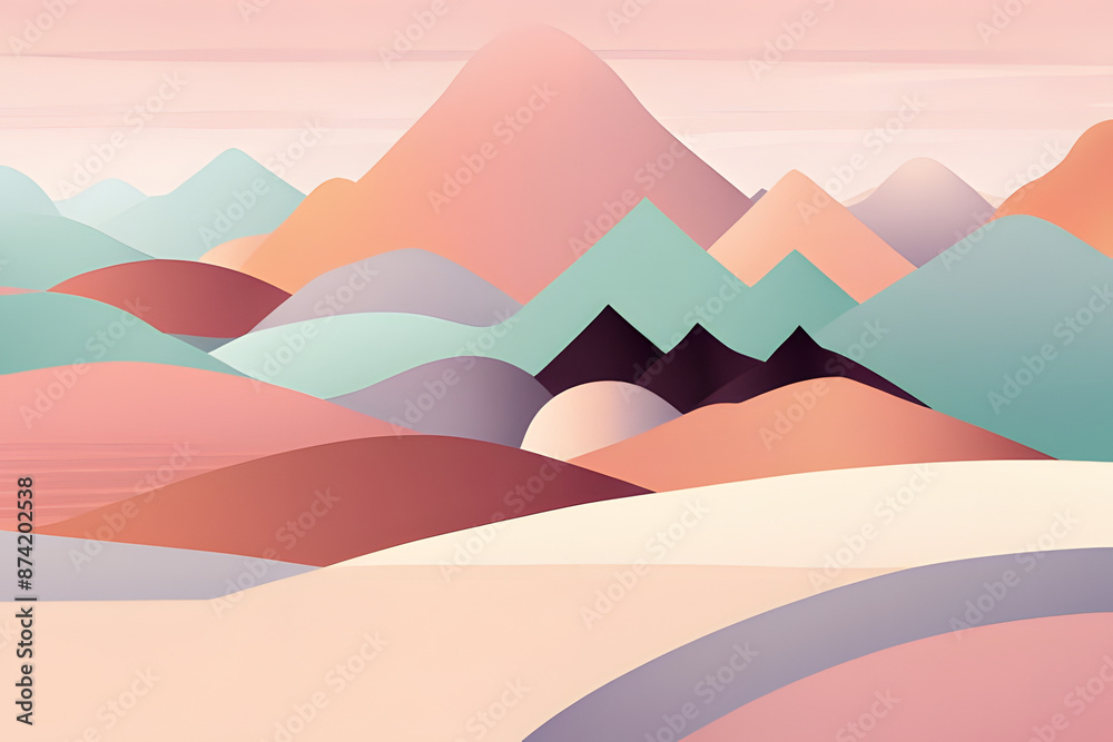 Sticker A dreamlike landscape unfolds in pastel hues. Geometric shapes dance and intertwine, creating a sense of depth and movement. This abstract vector illustration is a visual symphony of color and form.