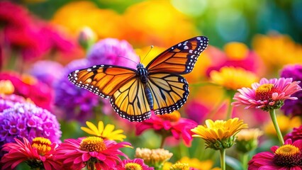 Fototapeta premium Vibrant butterfly sitting on colorful flowers in a garden, butterfly, flowers, nature, vibrant, colorful, garden, wildlife