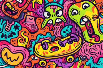Skateboard Doodles.   Generated image.  A digital illustration of a collection of skateboard items in a doodle art style.
