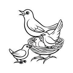 Mother bird feeding babies vector line art