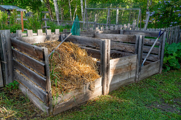 Homemade wooden compost bins with three compartments for different types of compost.