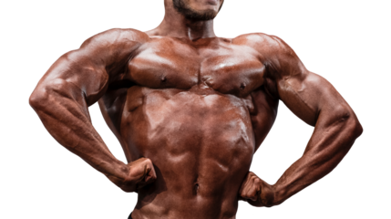 male bodybuilder pose double biceps isolated on transparent background