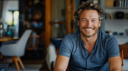 Obraz premium Young Blond Man Sitting in Interior, Smile and Look at Camera. Portrait of a Person, Businessman, Casual. Healthy, Happy, Life Style 