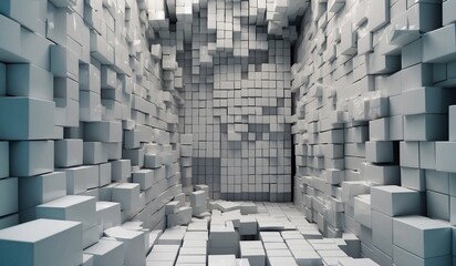 Abstract room filled with white 3D cubes in a dynamic array