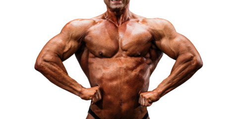 athlete bodybuilder posing double biceps isolated on transparent background