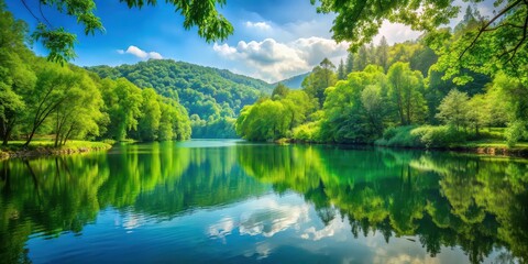 Fototapeta premium Tranquil lake scene surrounded by lush green trees, water, landscape, nature, forest, reflection, serene, calm, peaceful