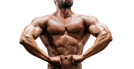 bodybuilder posing double biceps isolated on transparent background
