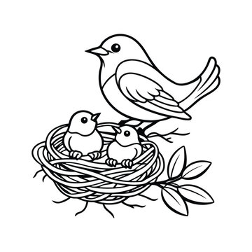 recommend clip art: Mother bird feeding babies vector line art
