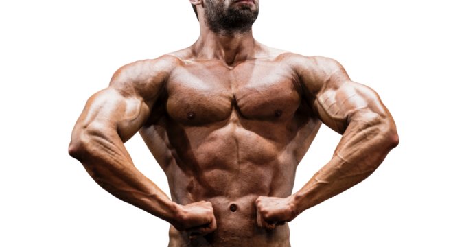 bodybuilder posing double biceps isolated on transparent background