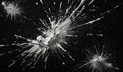 White paint splatter on black background, dynamic art.