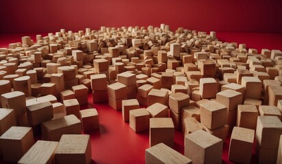 Obraz premium Numerous wooden blocks on red background in abstract pattern