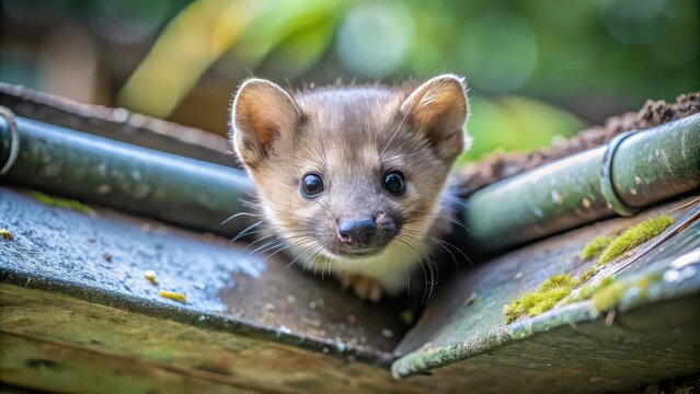Young stone marten peeking out of a gutter, marten, peeking, gutter, curious, wildlife, animal, cute, furry, peekaboo
