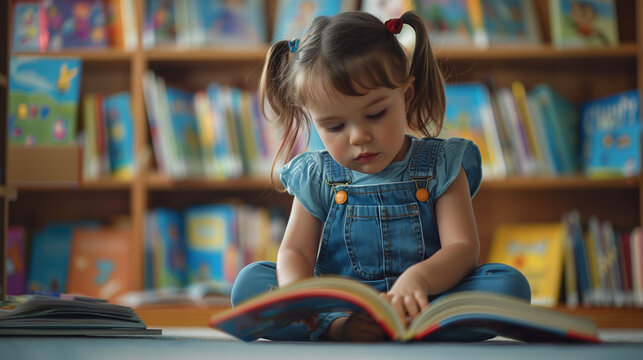 Little girl with pigtails in blue overalls reading in cozy library surrounded by colorful children's books