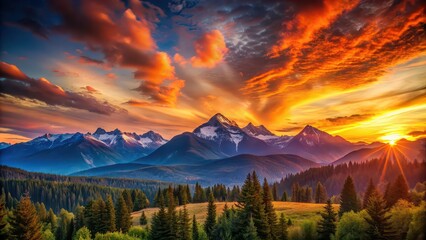 Obraz premium Vibrant sunset over majestic mountains , sunset, mountains, dusk, colorful, sky, clouds, evening, peaceful, scenic